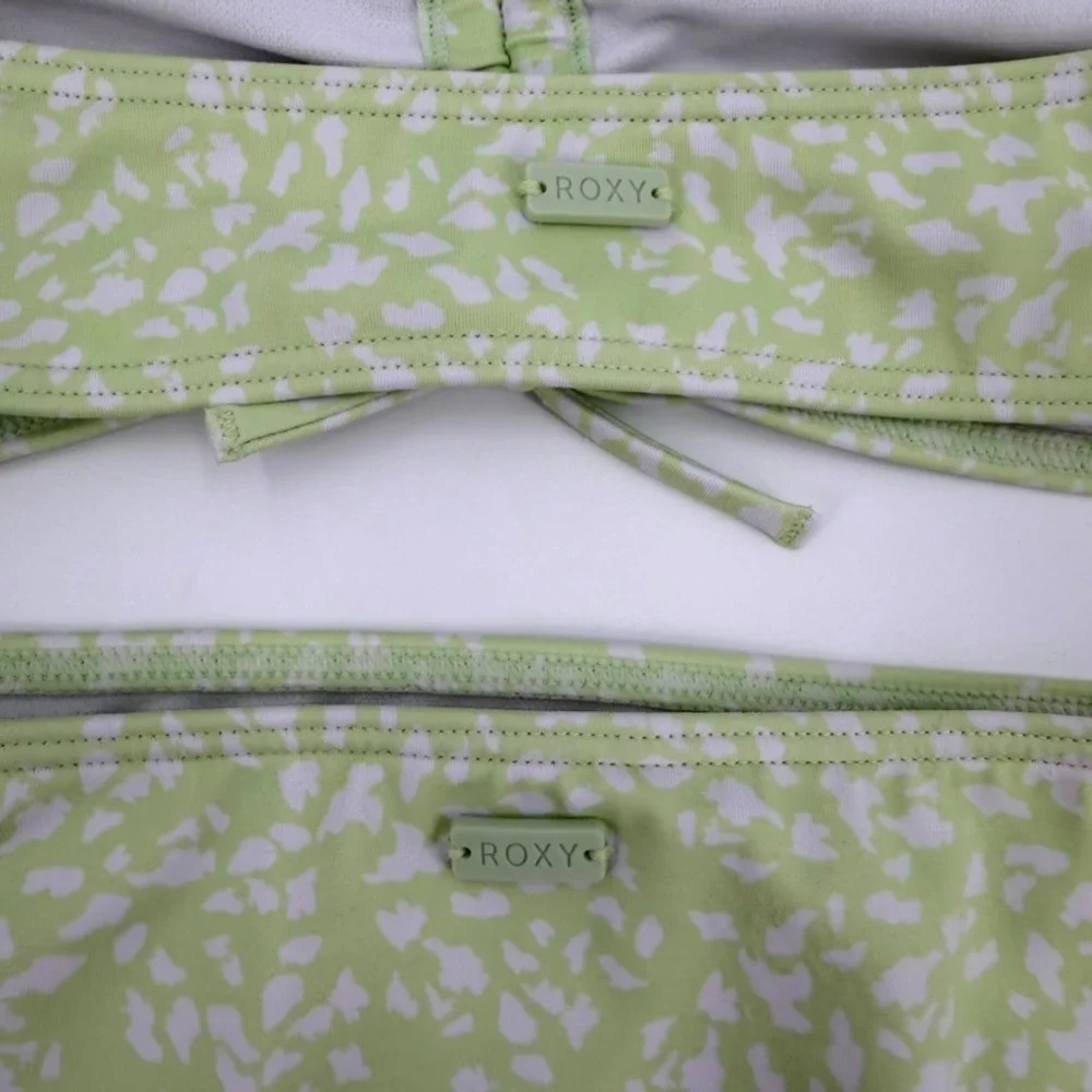 Roxy Girl Lime Green White Abstract Print Bandeau Halter Bikini Set Size 10